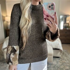 Boston Proper Dark Brown Sweater with Faux Fur Cuffs